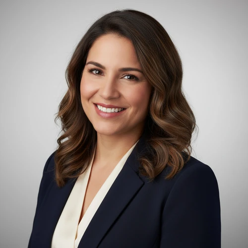 Woman with medium-length wavy brown hair, wearing a dark blazer and light blouse, smiling at the camera against a plain light gray background.