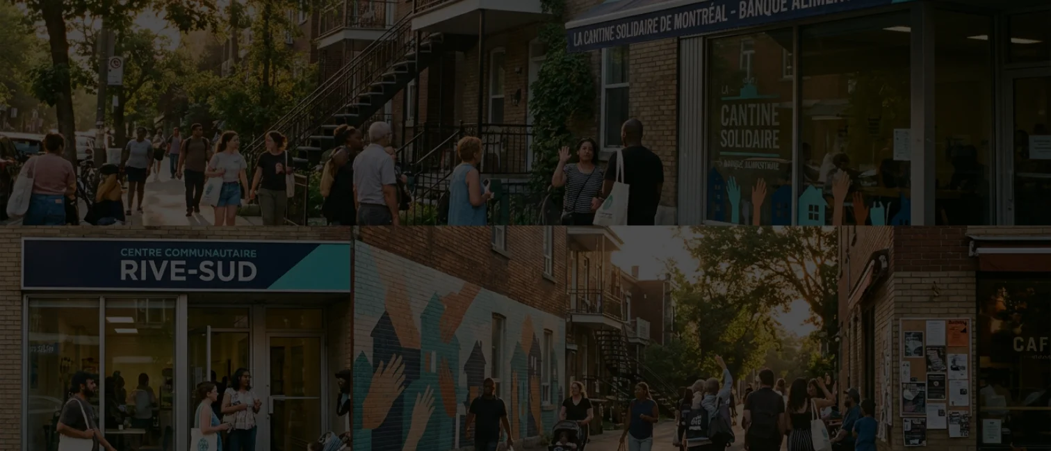 People walk and gather outside community centers, including Cantine Solidaire and Centre Communautaire Rive-Sud, on a sunny day in a residential urban area.