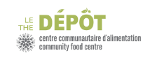 Le Dépôt Community Food Centre logo with bilingual text in French and English and a circular floral graphic on the left.