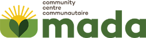 Logo of Mada Community Centre with a stylized yellow sun and green leaves, and the words "community centre communautaire mada" in lowercase letters.