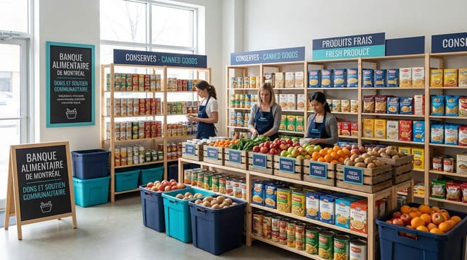 Three people organize canned goods and produce on shelves in a well-lit food bank. Signs label sections for canned goods and fresh produce. Bins of potatoes and apples are at the front.
