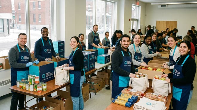 A group of people wearing aprons pack boxes and bags with food at a community center, participating in a food drive or volunteer event.