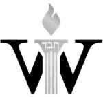 Black and gray logo with a torch in the center, Hebrew letters on the torch's base, and two large "V" shapes on either side.
