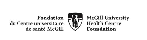 Logo of the McGill University Health Centre Foundation, featuring French and English text and a central shield icon with human figures.