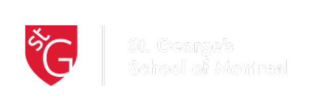 Logo of St. George's School of Montreal featuring a red shield with "St G" and the school name in white text on a black background.